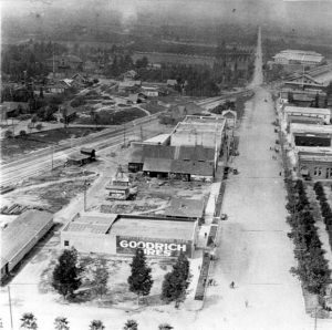 Aerial view showing San Dimas from San Dimas Avenue, looking west on Bonita Avenue