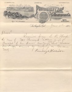 Receipt documenting a mortgage payment on Gardena land by S. B. Thorpe