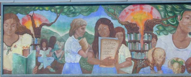 Mural on outside wall of the Anthony Quinn Library facing Cesar Chavez Avenue (left half).