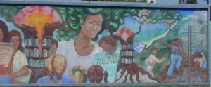 Mural on outside wall of the Anthony Quinn Library facing Cesar Chavez Avenue (right half).