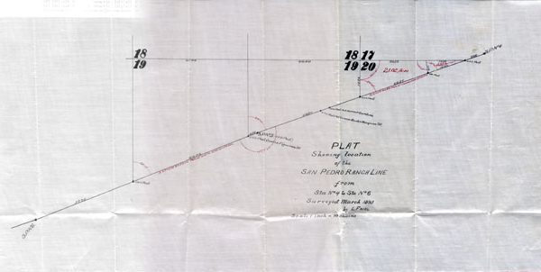 Hand-drawn linen plat map showing the location of the San Pedro Ranch line