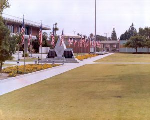 Gardena Civic Center with flags