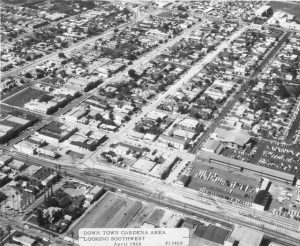 Aerial view of downtown Gardena, looking southwest