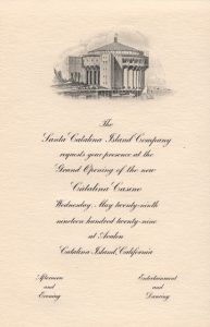 Inside of invitation to opening of the Casino on May 29, 1929 containing an engraving of the Casino.