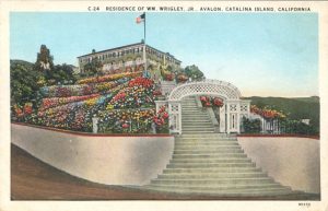 Front steps, flower beds, and Mt. Ada, the home of William Wrigley in Avalon, c. 1930