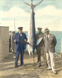 Winston Churchill, Ben R. Meyer, Captain Monte Foster and a Marlin swordfish caught by Winston Churchill, 1929