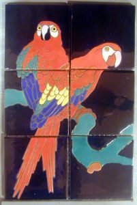Catalina Island pottery - tiles depicting two parrots on a branch, c. 1930s