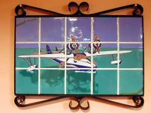 Catalina Island pottery - framed tile image depicting a sea plane, c. 1930s