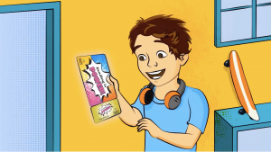 cartoonish Kid holding a flyer