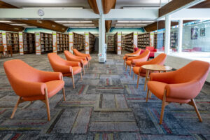 colorful, comfortable chairs for customers to relax and read at Duarte Library