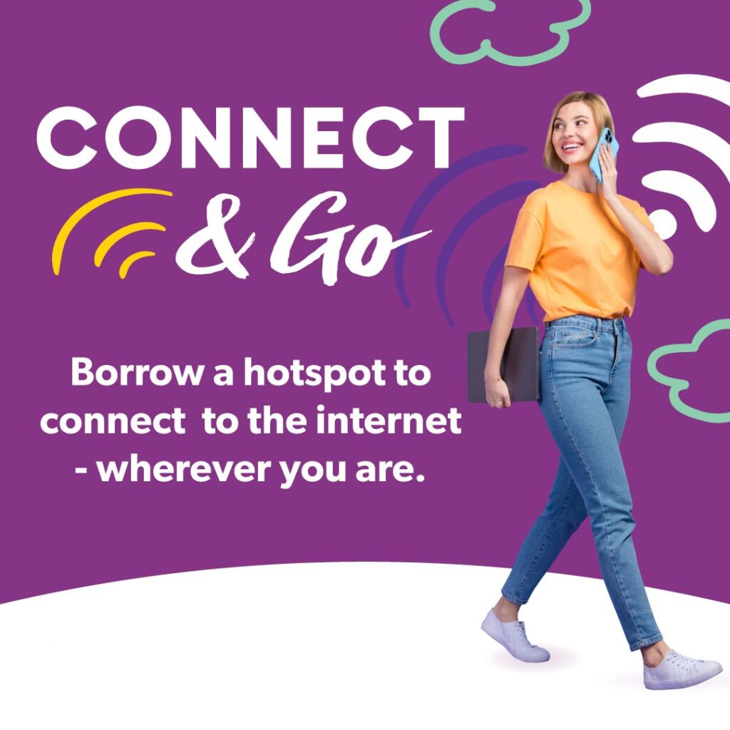 Woman walking with cell phone connected to wifi hotspot.