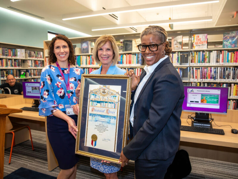 Paramount Library Grand opening with Supervisor Janice Hahn, LA County Library CEO Skye Patrick and Andrea Crow, Community Library Manager for Paramount Library