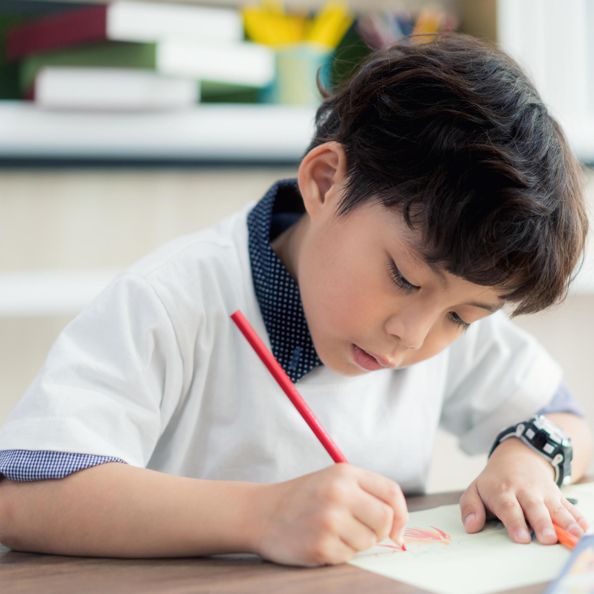 young boy drawing with colored pencil