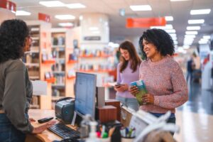 women speaking with library staff member at customer service area