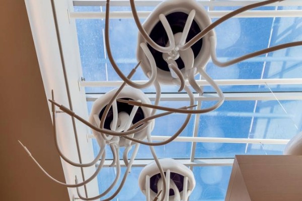 art sculpture hanging from museum ceiling