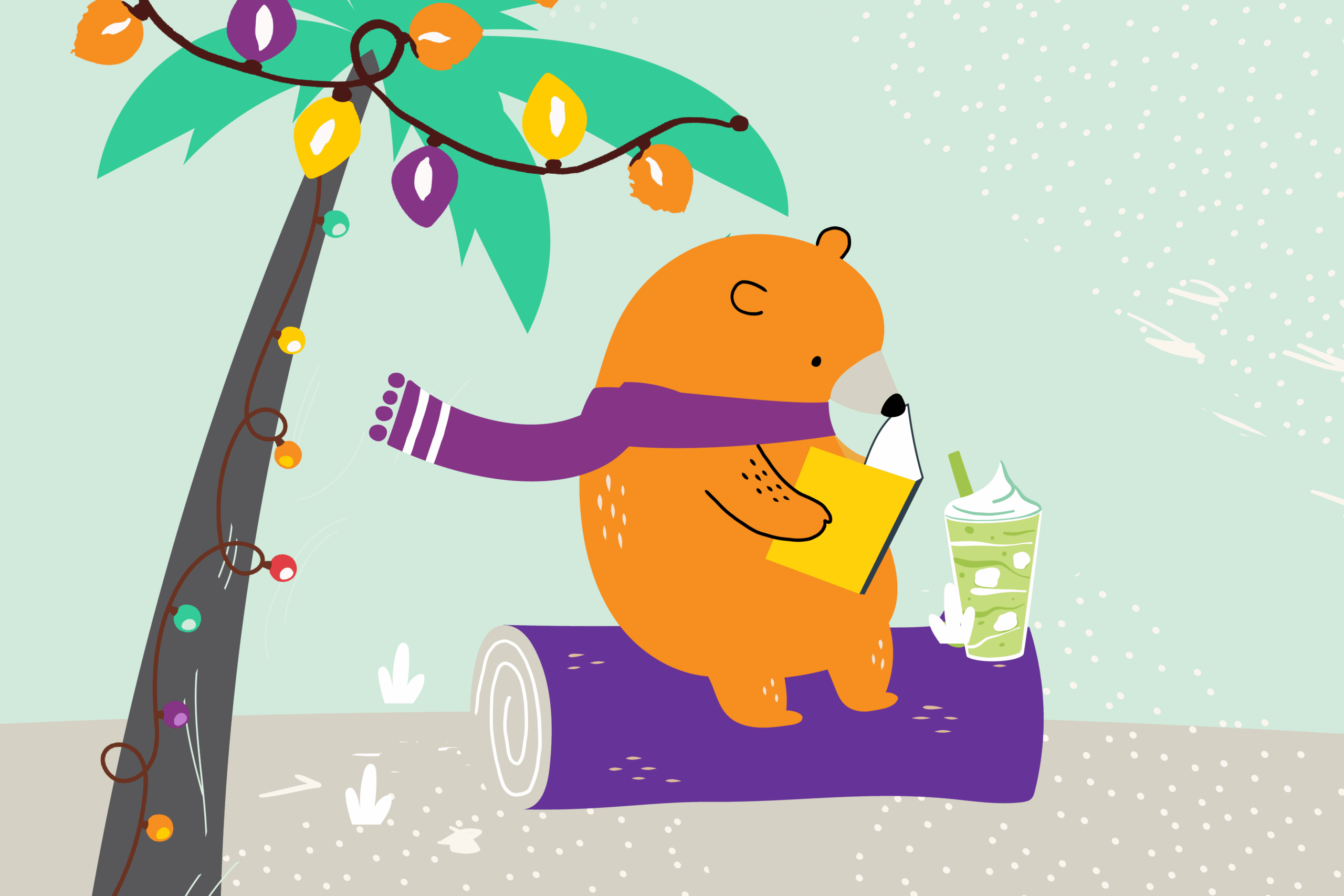 cartoon bear on a log with a iced matcha drink