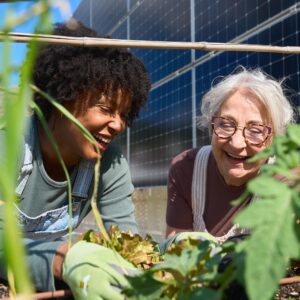 Senior and young person gardening together