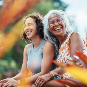 smiling women with colorful background