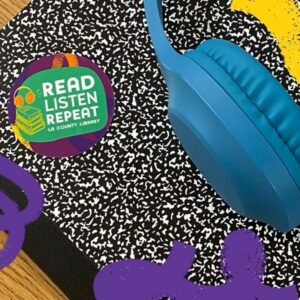 Composition book with Read Listen Repeat sticker