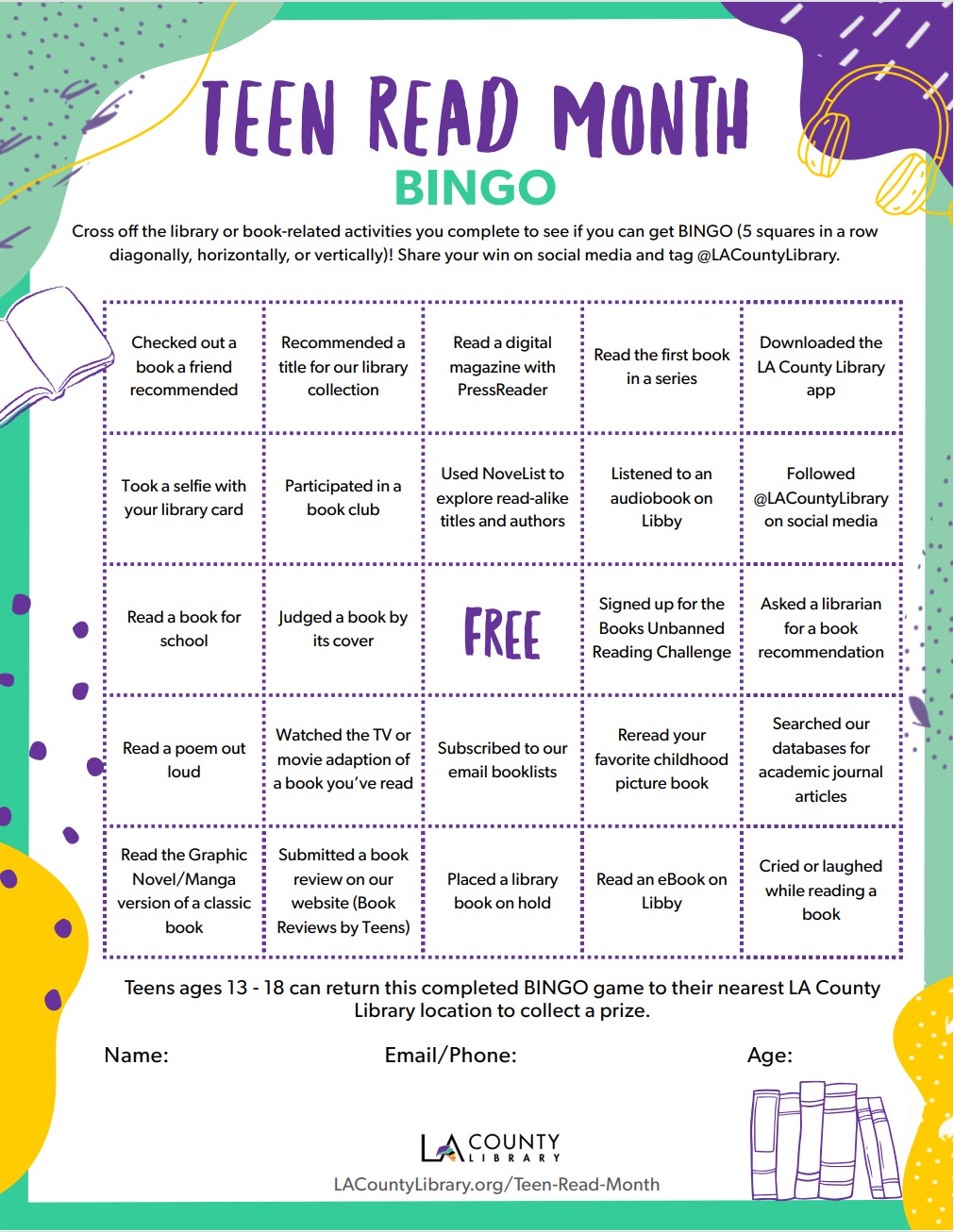 Teen Read Month bingo card (thumbnail)